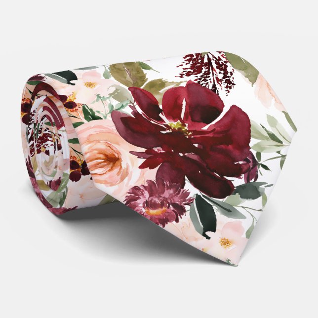 Gravata PixDezines H2 Blush Pink Burgundy Flowers  (Rolled)