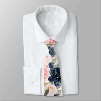 Gravata PixDezines H2 Flores Azul Marinho Rosas Bege