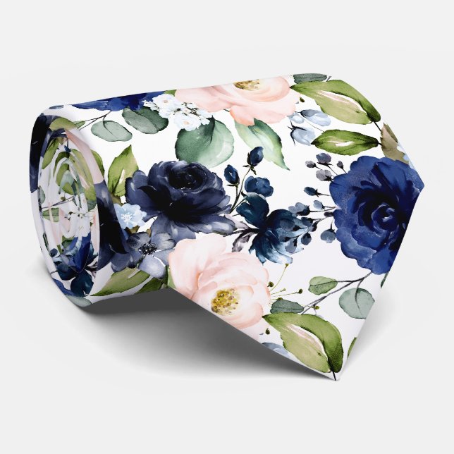 Gravata PixDezines H2 Flores Bege Azul Marinho (Rolled)