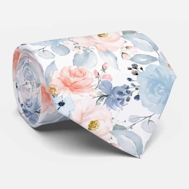 Gravata PixDezines H2 Flores Bege e Azul Empoeirado  (Rolled)