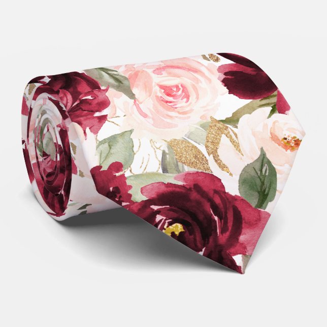 Gravata PixDezines H2 Flores Rosas Bege Bege Burgundy   (Rolled)