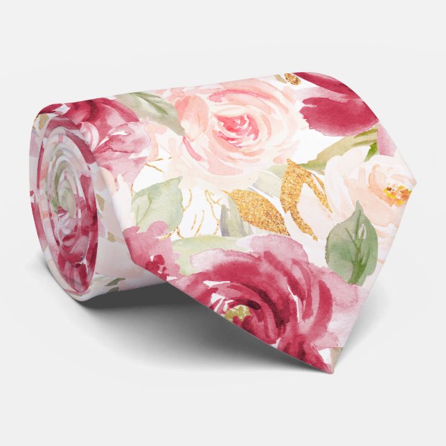 Gravata PixDezines H2 Flores Rosas Bege Raspberry   (Rolled)