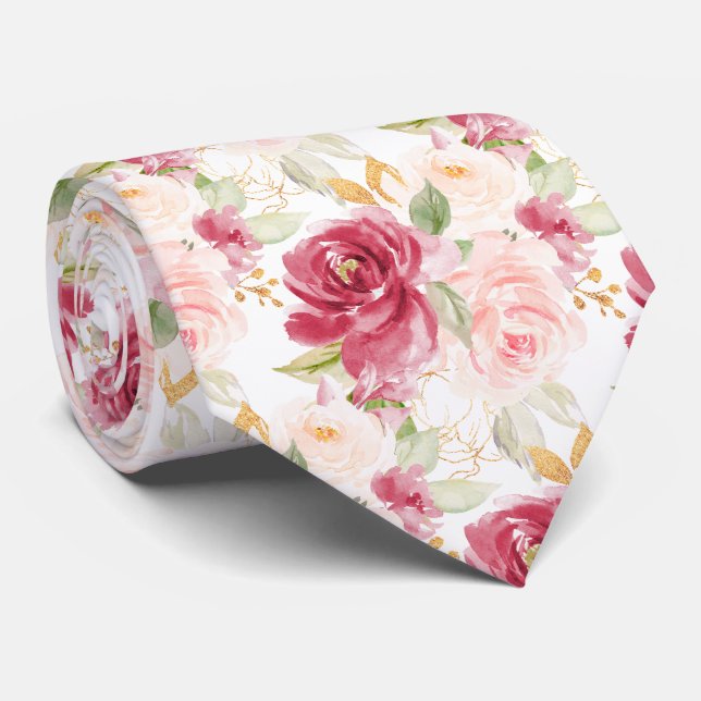 Gravata PixDezines H2 Flores Rosas Rosa Bege Raspberry (Rolled)