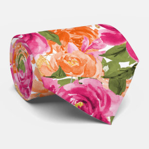 Gravata PixDezines H2 Flores Rosas Rosa Laranja Quente