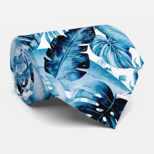 Gravata PixDezines Indigo Azul Folhagem Tropical