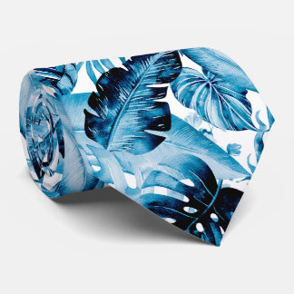 Gravata PixDezines Indigo Azul Folhagem Tropical