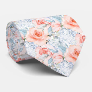Gravata PixDezines Rosas Coradas Hidrangeas Azul Gelo