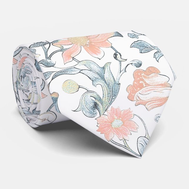 Gravata PixDezines William Morris Azul Desbotado e Rosa Co (Rolled)
