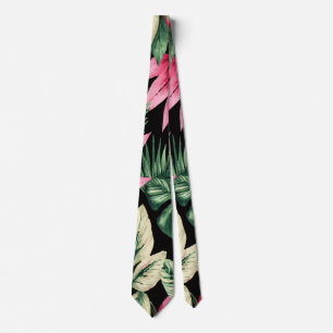Gravata Plantas Tropicais Rosa e Verde em Preto