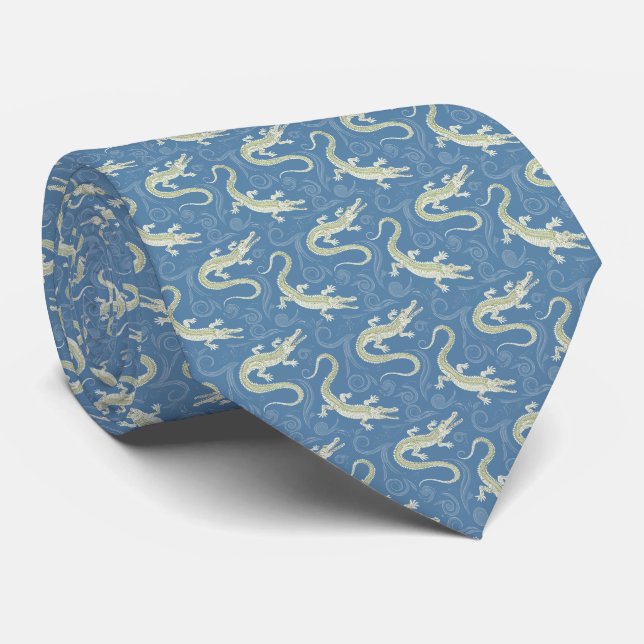 Gravata Playful Green Alligator Paisley em azul (Rolled)