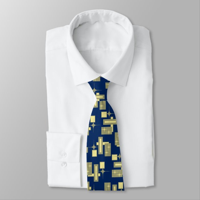 Gravata Poeira de Estrelas Retro Geométrico Azul Marinho (Amarrado)