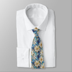 Gravata Poinsétias de Natal Azul Branco Dourado