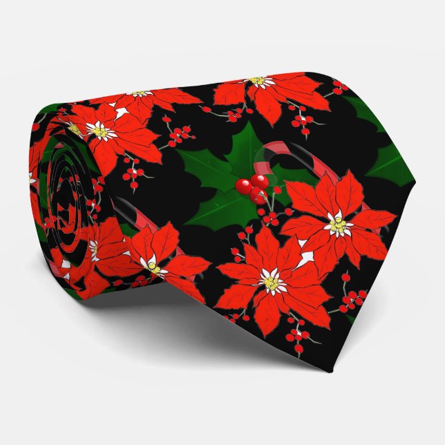 Gravata Poinsettia de Natal Vermelho no Colo Negro (Rolled)