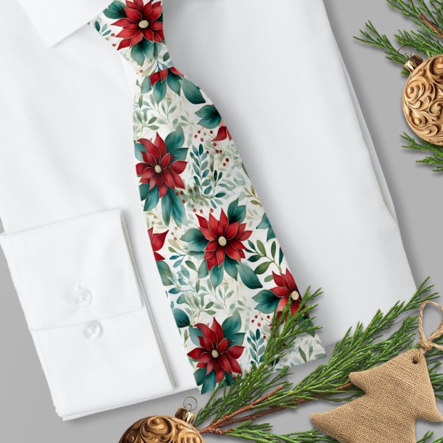 Gravata Poinsettia tradicional de cor vermelha e verde da  (Traditional Red and Green Watercolor Poinsettia Necktie 
)