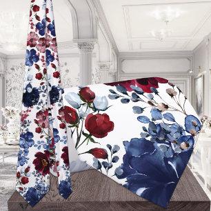 Gravata Poppies & Peonies Casamento Vermelho Branco & Azul