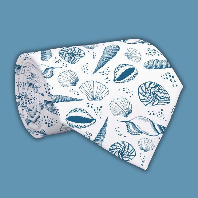 Gravata Praia branca azul concha (Blue & White Seashell Tie Coastal Chic Men’s Accessory Nautical Wedding Style)