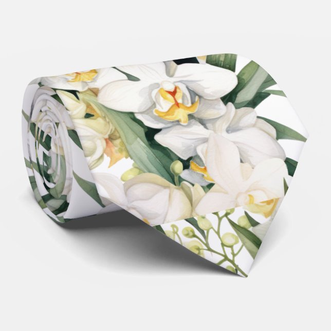 Gravata Premier White Orchids Formal de Gola Afiad (Rolled)