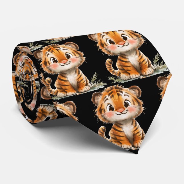 Gravata Preta com Tigre Sorridente e Engraçado (Rolled)