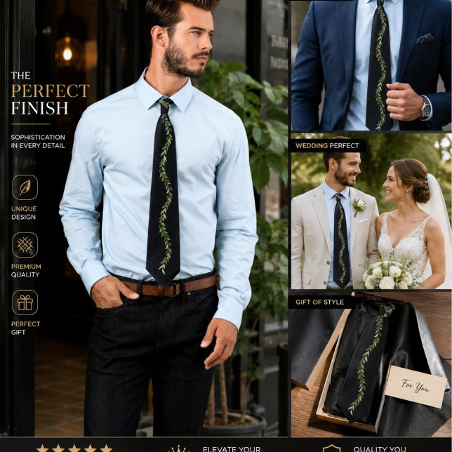 Gravata preta elegante com folhas | Vinha floral v (Criador carregado)