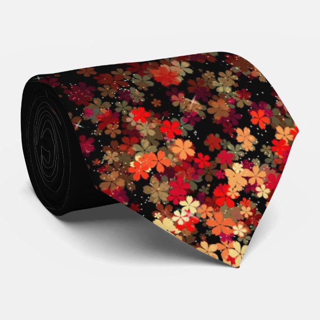 Gravata preta masculina com cacho floral vermelho  (Rolled)