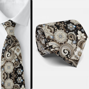 Gravata Preto Branco Dourado com Renda Paisley Dia