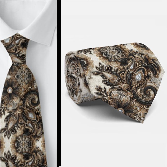 Gravata Preto Branco Dourado com Renda Paisley e D (Criador carregado)