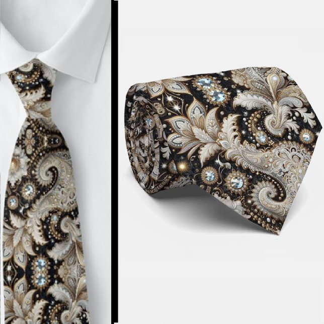 Gravata Preto Branco Dourado com Renda Paisley e D (Criador carregado)