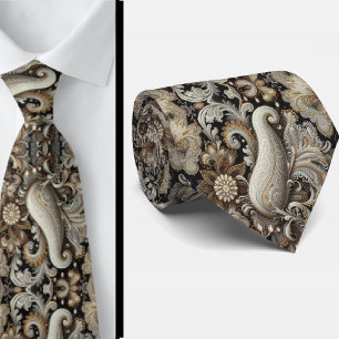 Gravata Preto Branco Dourado com Renda Paisley e D