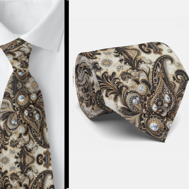Gravata Preto Branco Dourado com Renda Paisley e D (Criador carregado)