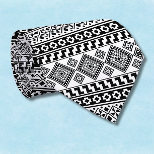 Gravata Preto Branco Geométrico Polinésio Tribal Monograma