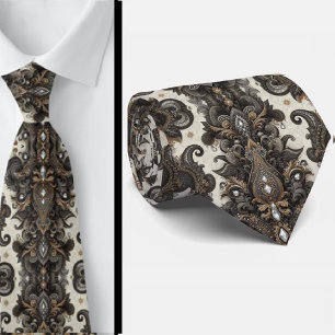 Gravata Preto Branco Ouro Lace Paisley Diamante