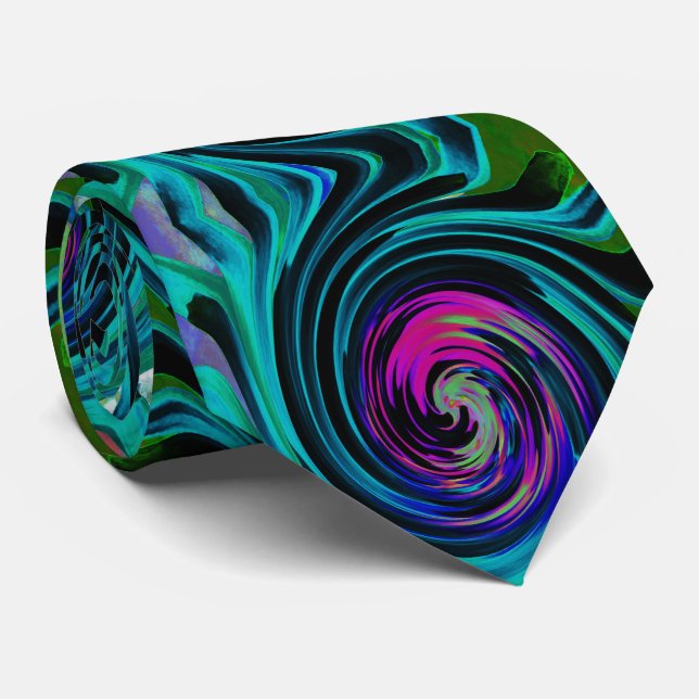 Gravata Preto Dramático e Turquesa Abstrato Retro Torção (Rolled)