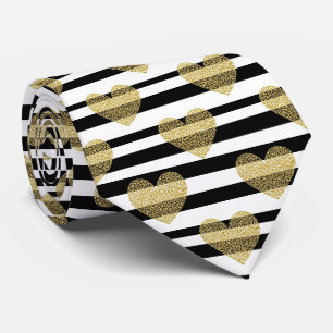 Gravata Preto Listra Dourado Coração Glam Padrão (5)