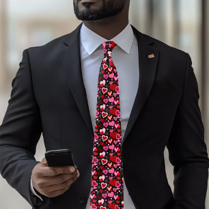 Gravata Preto Rosa Vermelho Corações Amor Padrão