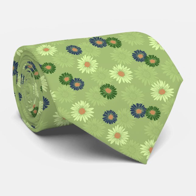 Gravata Primavera Blooms Daisy Floral Green (Rolled)