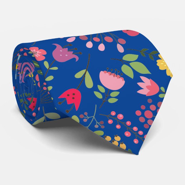 Gravata Primavera Wildflower Floral Design no Azul (Rolled)