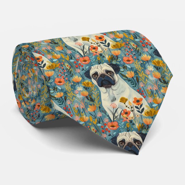 Gravata Pug Com Flores Gouache (Rolled)