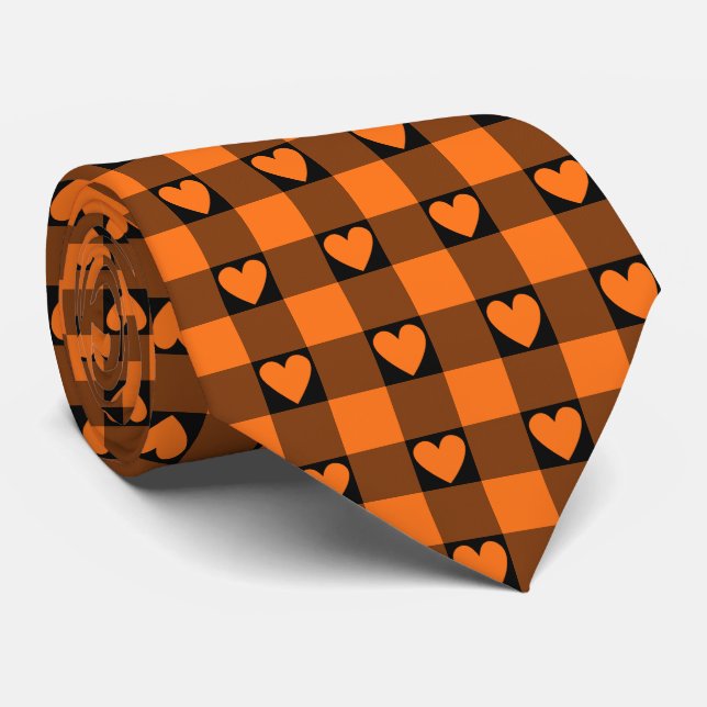 Gravata Pumpkin Orange Black Buffalo Heart Plaid Neck Tie (Rolled)