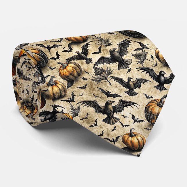 Gravata Pumpkins, Crows e Bats Halloween Padrão (2) (Rolled)