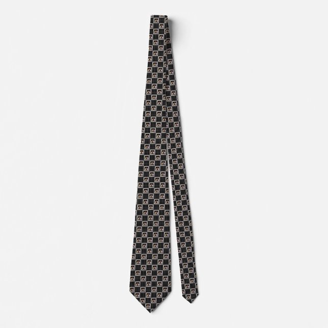 Gravata Quadrado Preto e Branco com Cachorro Rosa e Marrom (Frente)