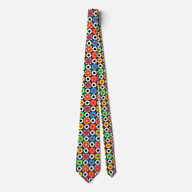 Gravata Quadrados Groovy Retro Flower Power (Frente)
