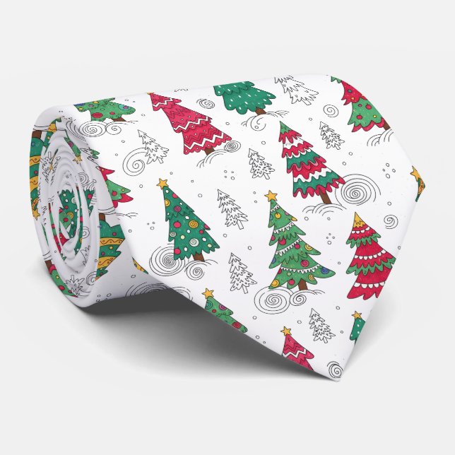 Gravata Quirky Whimsical Christmas Trees Doodles Seasonal  (Rolled)