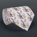 Gravata Rabbit Surrounded by Pastel Flowers Cute Pattern<br><div class="desc">A tie with a sweet and adorable watercolor image. A bunny rabbit with white and gray fur. A garland of carnation flowers in pastel colors of pink and peach. A cute Easter,  birthday or baby shower image for bunny rabbit lovers.</div>