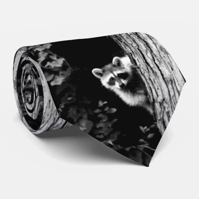 Gravata Raccoon em uma Tree Black and White Menswear Tie (Rolled)