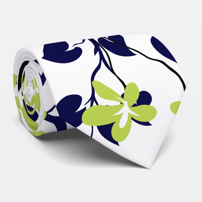 Gravata Ramal azul-marinho e preto, flores verdes limões (Rolled)