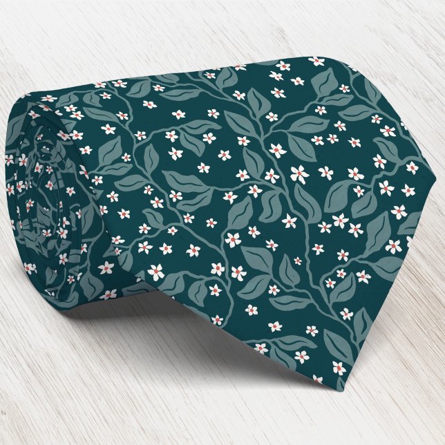 Gravata Ramos de Flor de Maçã Impressão Botânica Verde em  (Apple blossom branches foliage Arts and Crafts heritage style teal green botanical neck tie)