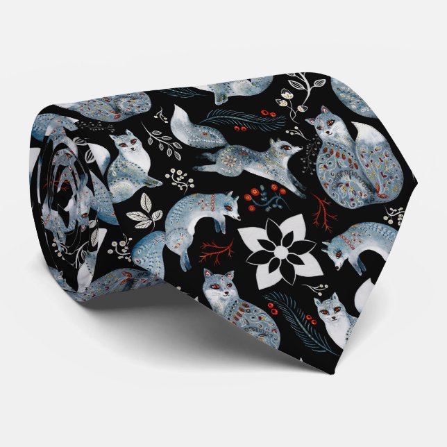 Gravata Raposas azuis estilizadas com desenhos florais int (Rolled)