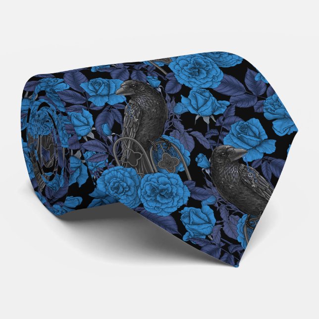 Gravata Ravens e rosas azuis (Rolled)