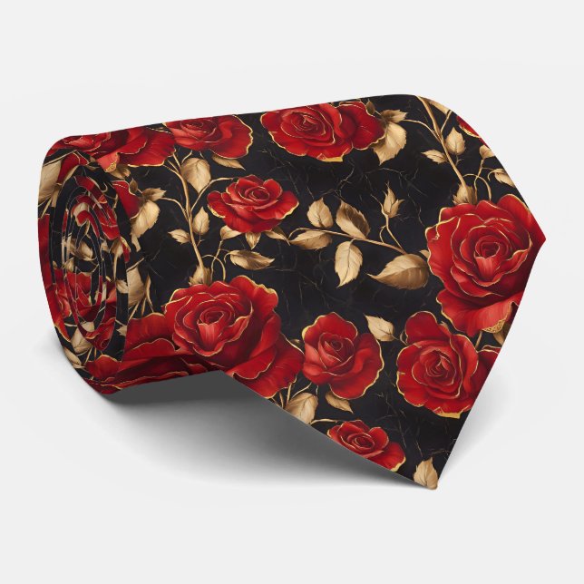 Gravata Red and Gold Roses On Black (Rolled)