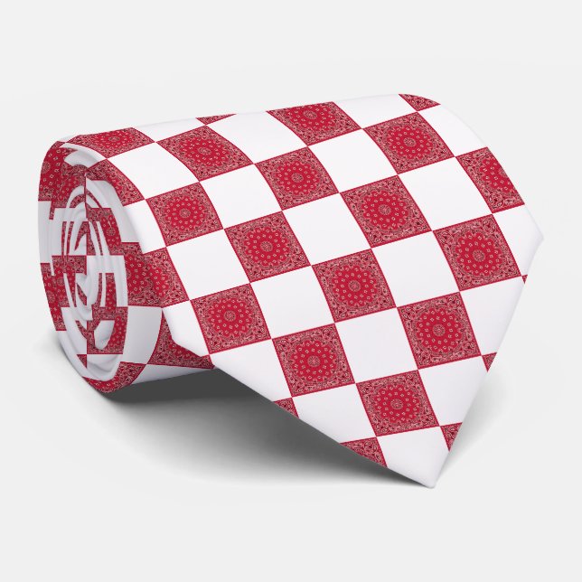 Gravata Red Bandana e White Block Impressão (Rolled)